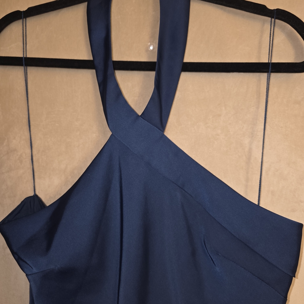Elegant Navy Blue Halter Evening Dress - Picture 3 of 5